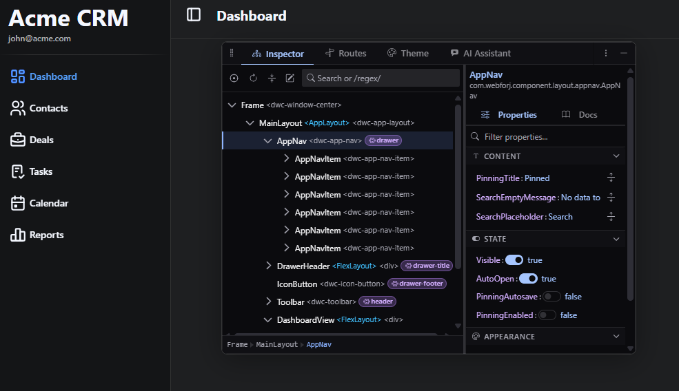 craftforJ open beside a running app with a component selected
