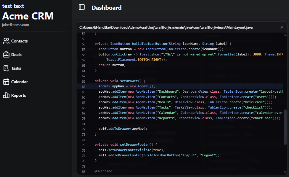 The source viewer positioned at the line that created the selected component