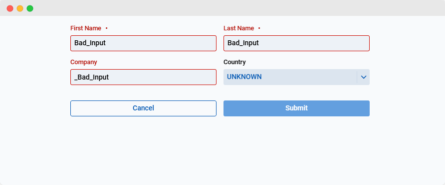 Data binding and validation screenshot