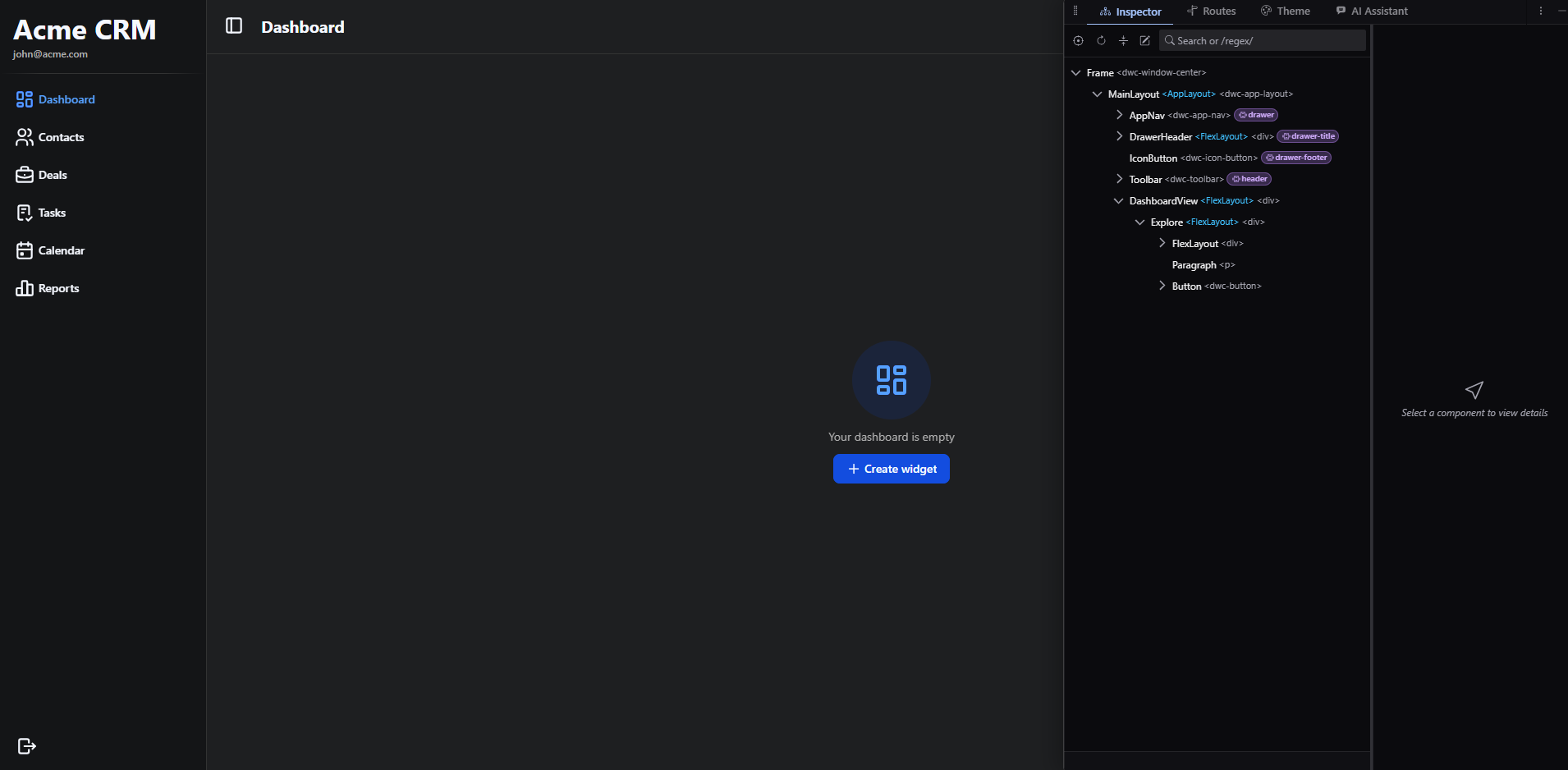 craftforJ ancré à droite d'une page d'application, couvrant ce bord de l'application