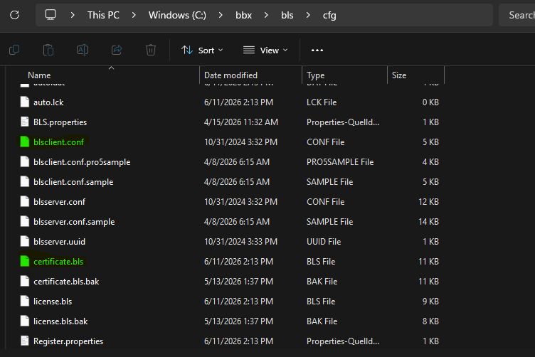 BLS cfg folder containing the generated client configuration and certificate
