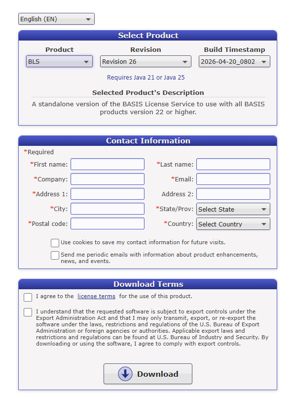 Download form with BLS selected as the product